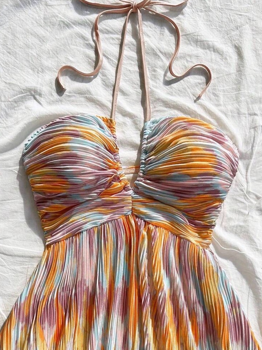 Striped Strapless Pleated Summer Dress in Orange Multi - Picture 3 of 4